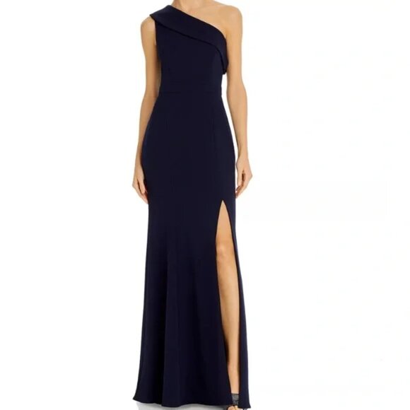 Aqua One-Shoulder Scuba Crêpe Navy Gown - Picture 1 of 7